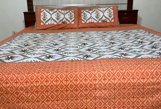 Beautiful Hand Block Printed Double Bedsheet with Two Pillow Covers