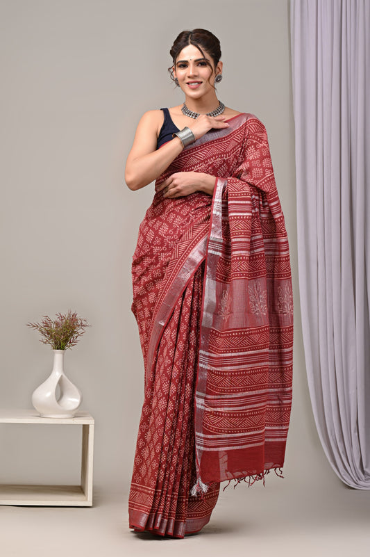 Hand Block printed Linen Saree with Blouse