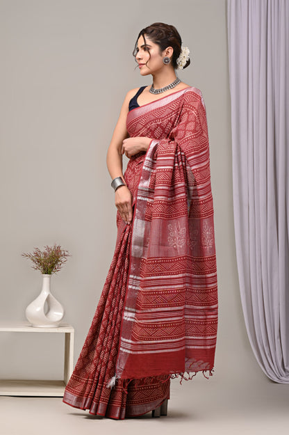 Hand Block printed Linen Saree with Blouse