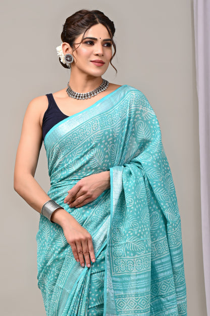 Hand Block printed Linen Saree with Blouse