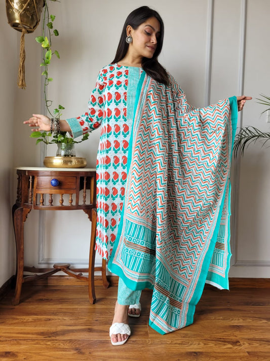 Hand Block Cotton Suits With Cotton Dupatta