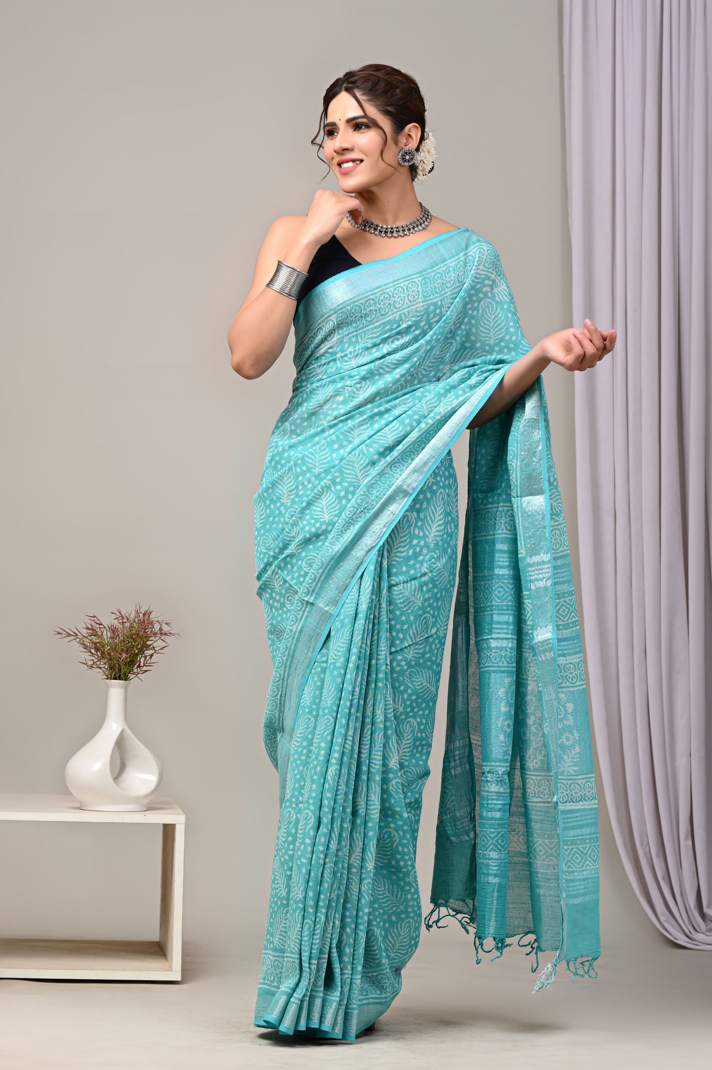 Hand Block printed Linen Saree with Blouse