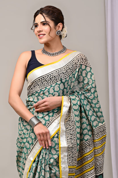 Hand Block printed Linen Saree with Blouse