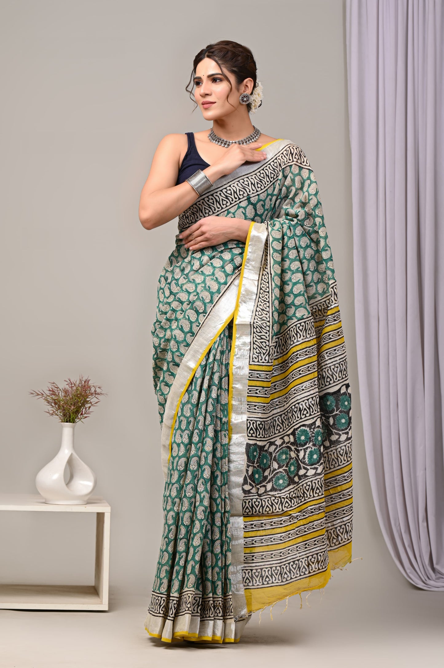 Hand Block printed Linen Saree with Blouse