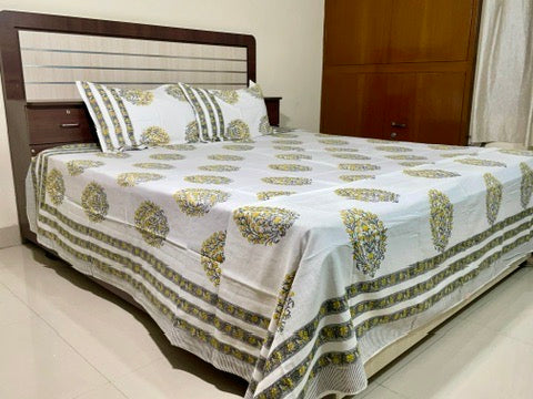 Beautiful Hand Block Printed Double Bedsheet with Two Pillow Covers