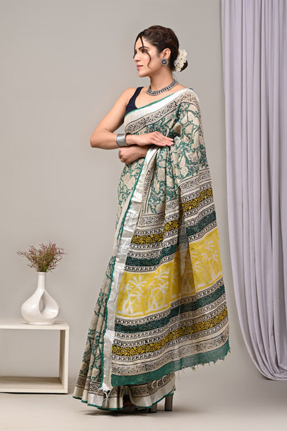 Hand Block printed Linen Saree with Blouse