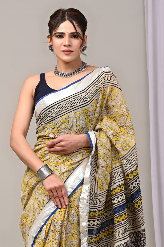 Hand Block printed Linen Saree with Blouse