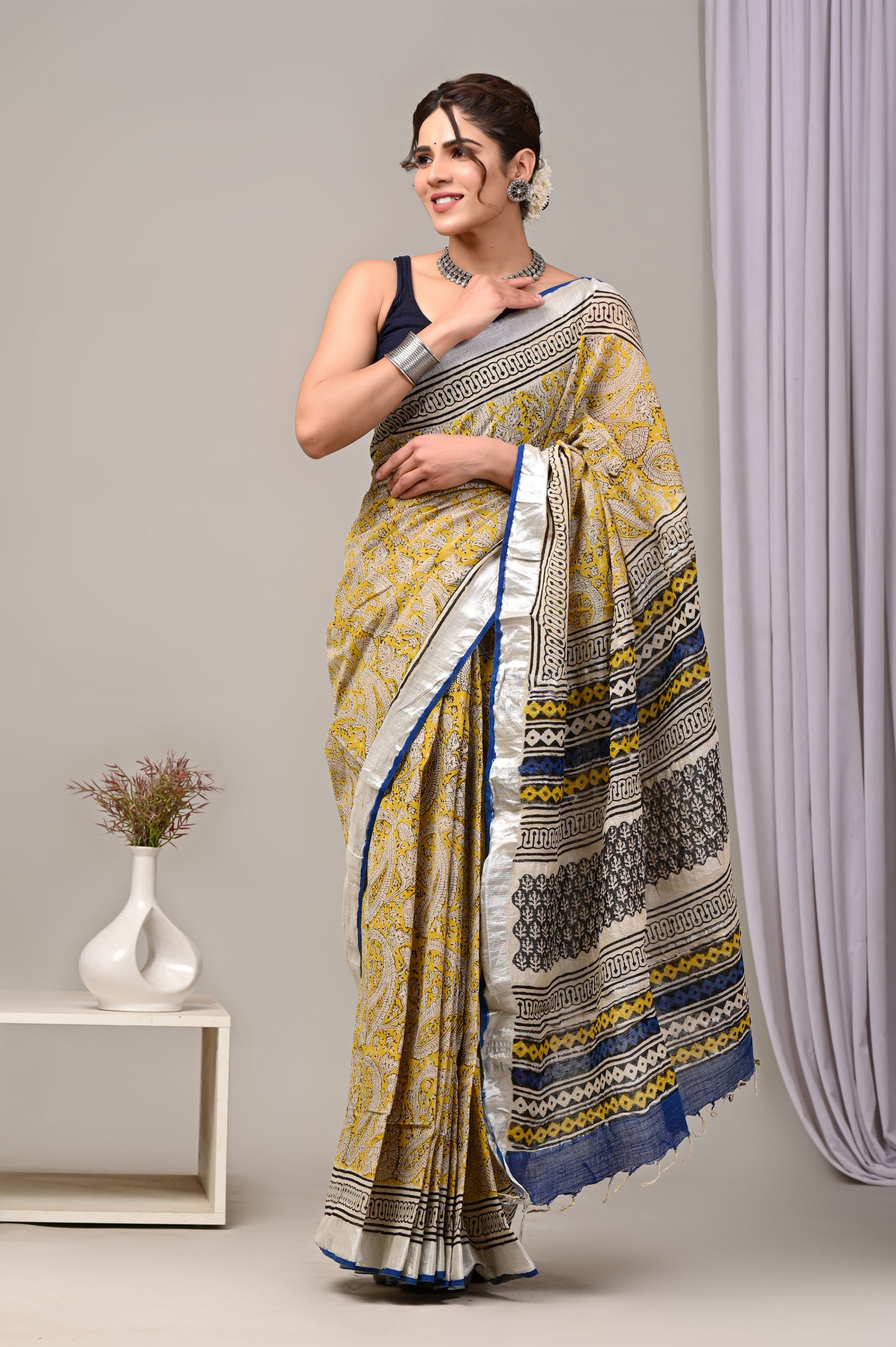 Hand Block printed Linen Saree with Blouse