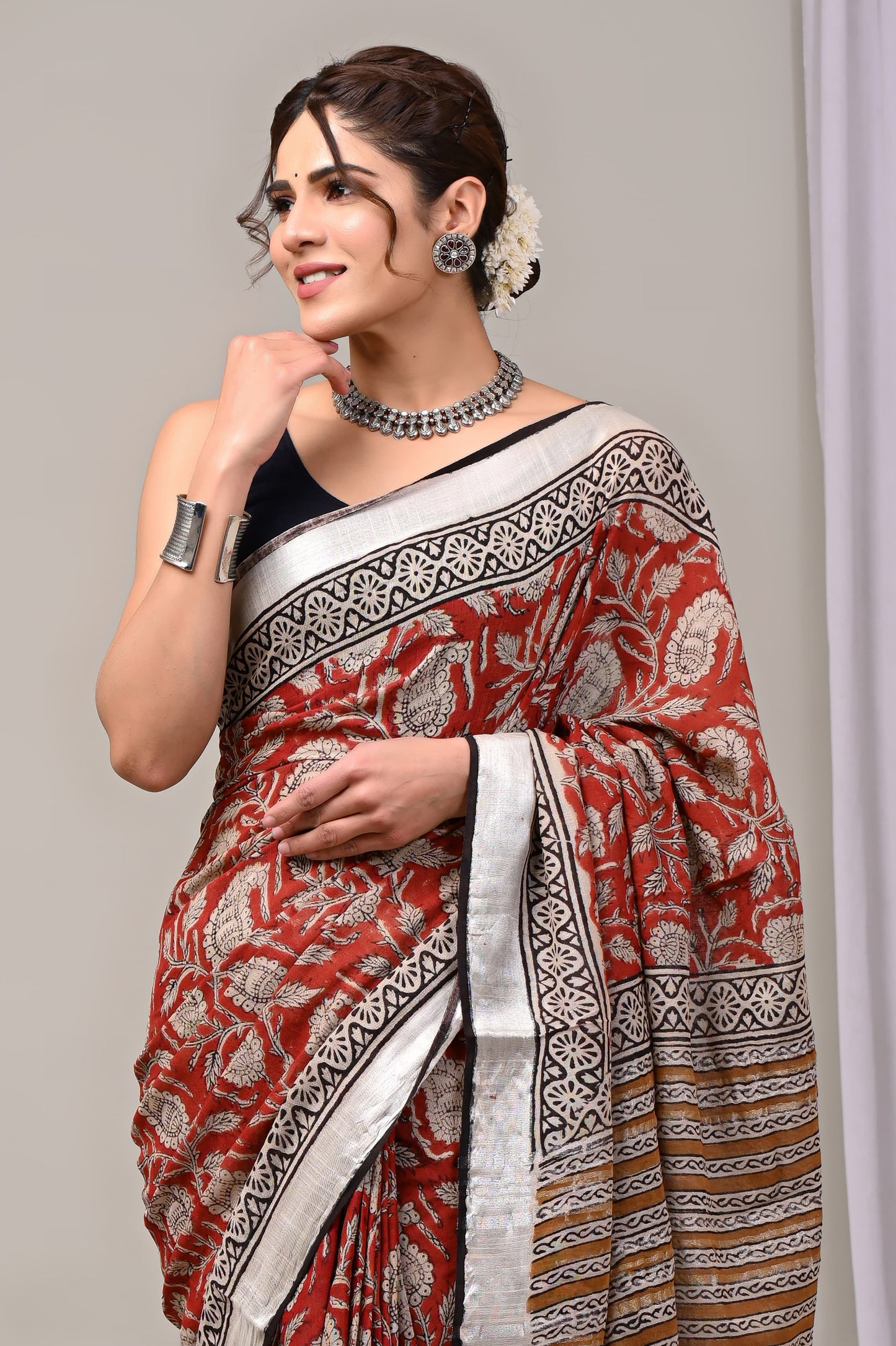 Hand Block printed Linen Saree with Blouse