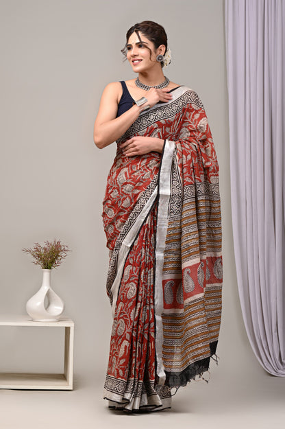 Hand Block printed Linen Saree with Blouse