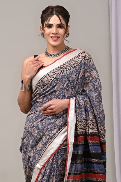 Hand Block printed Linen Saree with Blouse