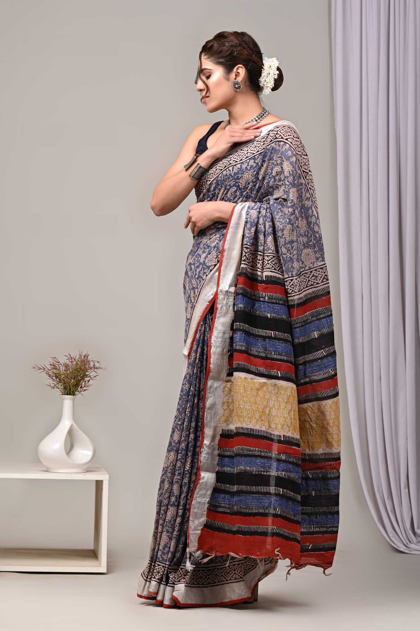 Hand Block printed Linen Saree with Blouse