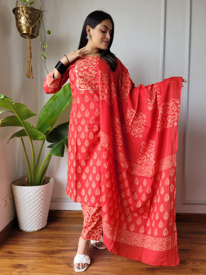 Hand Block Cotton Suits With Cotton Dupatta