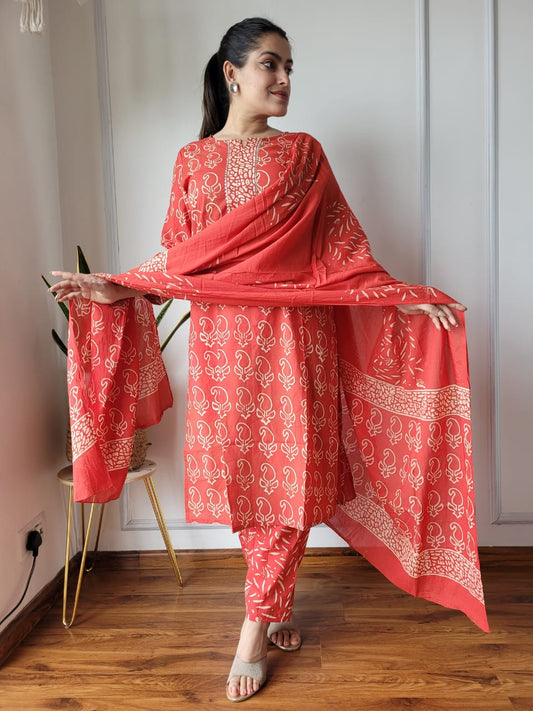 Hand Block Cotton Suits With Cotton Dupatta