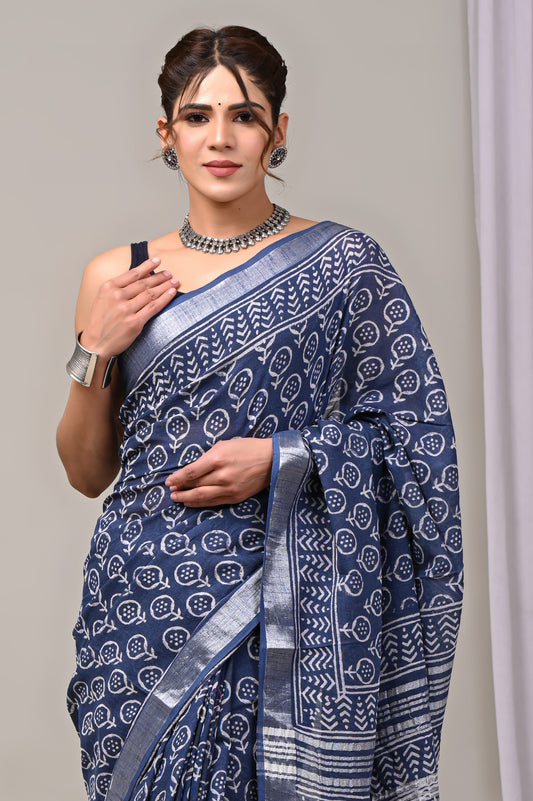 Hand Block printed Linen Saree with Blouse