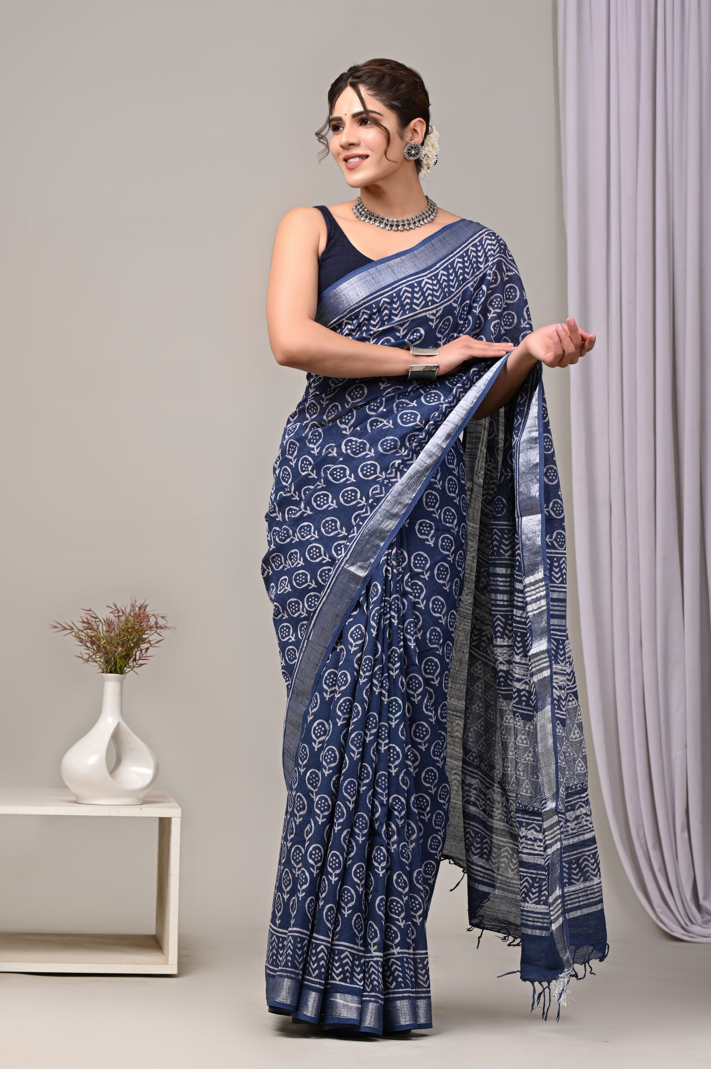 Hand Block printed Linen Saree with Blouse