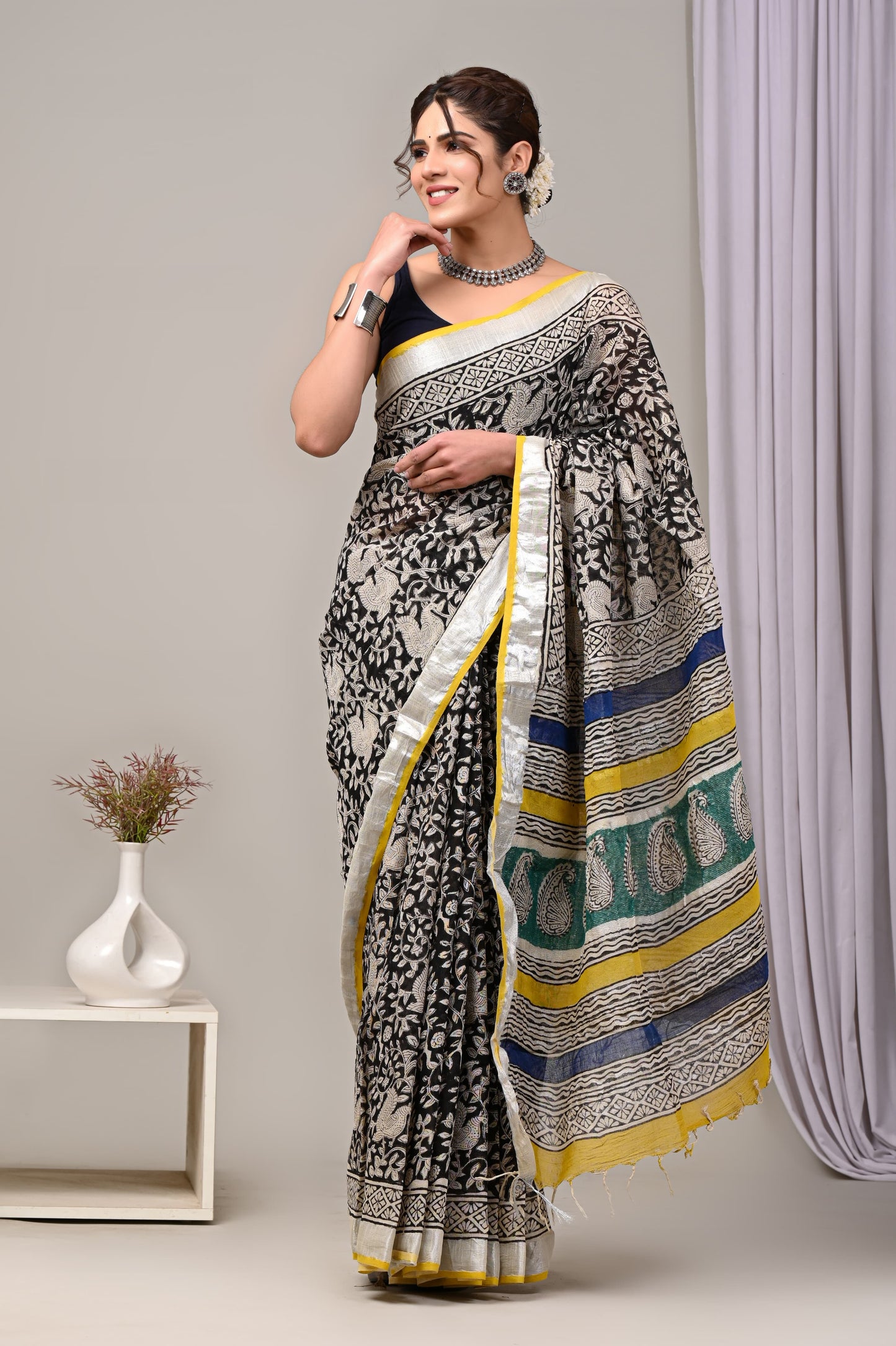 Hand Block printed Linen Saree with Blouse