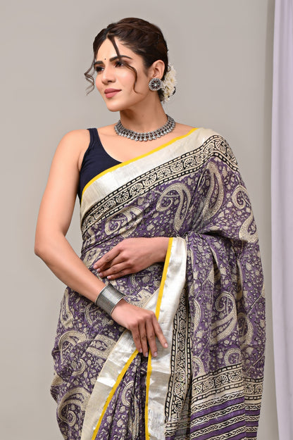 Hand Block printed Linen Saree with Blouse