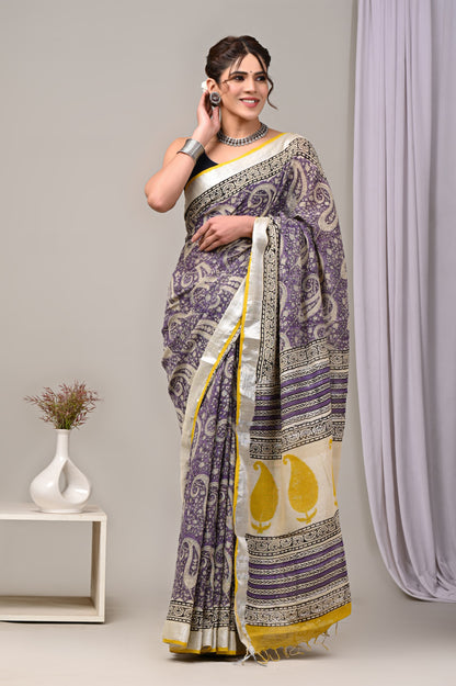 Hand Block printed Linen Saree with Blouse