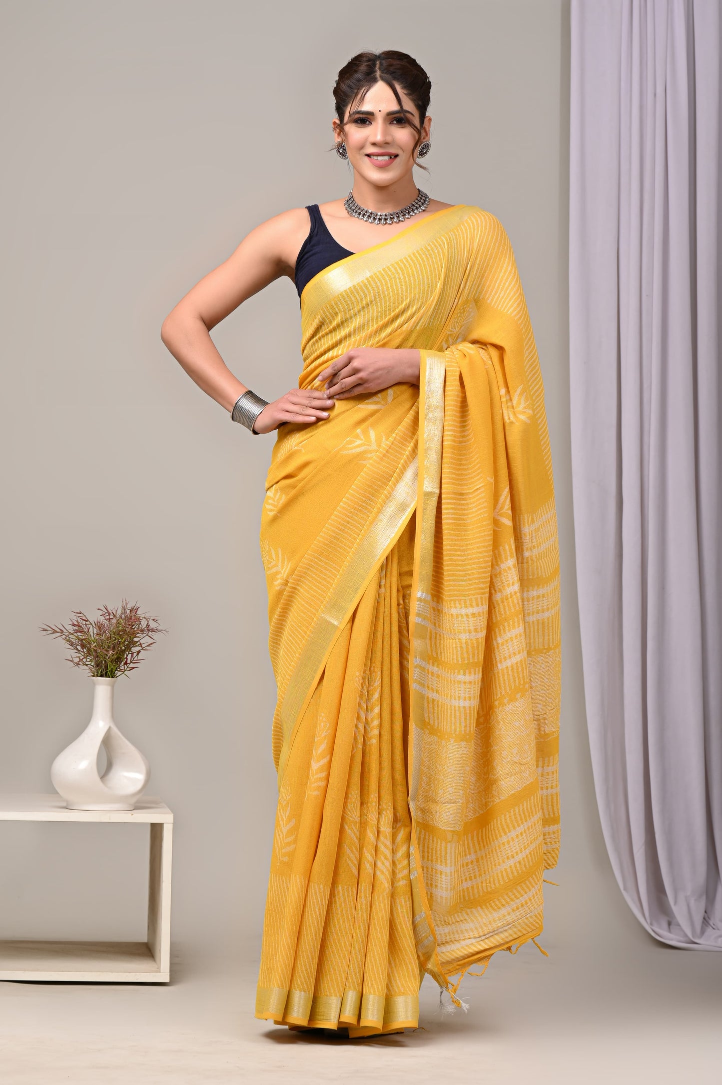 Hand Block printed Linen Saree with Blouse