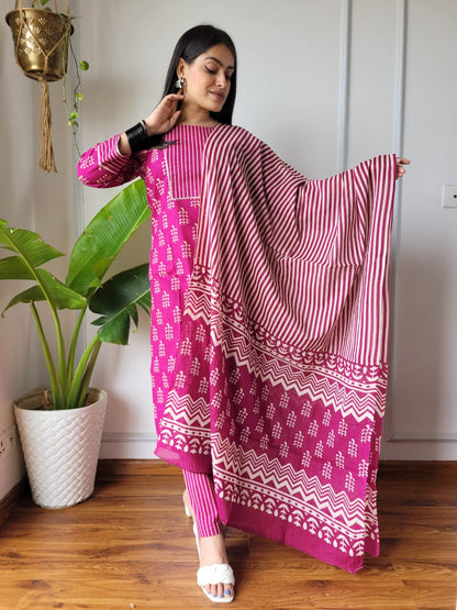 Hand Block Cotton Suits With Cotton Dupatta