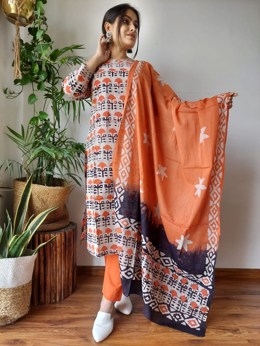 Hand Block Cotton Suits With Cotton Dupatta