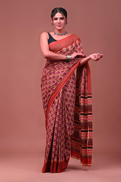 Mulmul Vanaspati Ajrakh Printed Saree