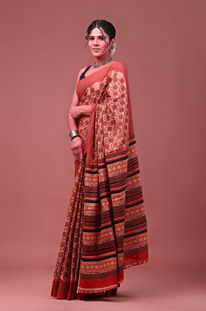 Mulmul Vanaspati Ajrakh Printed Saree