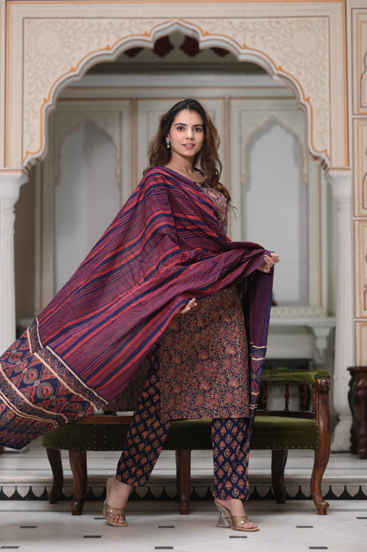 Handblock Cotton Suit with Cotton Dupatta