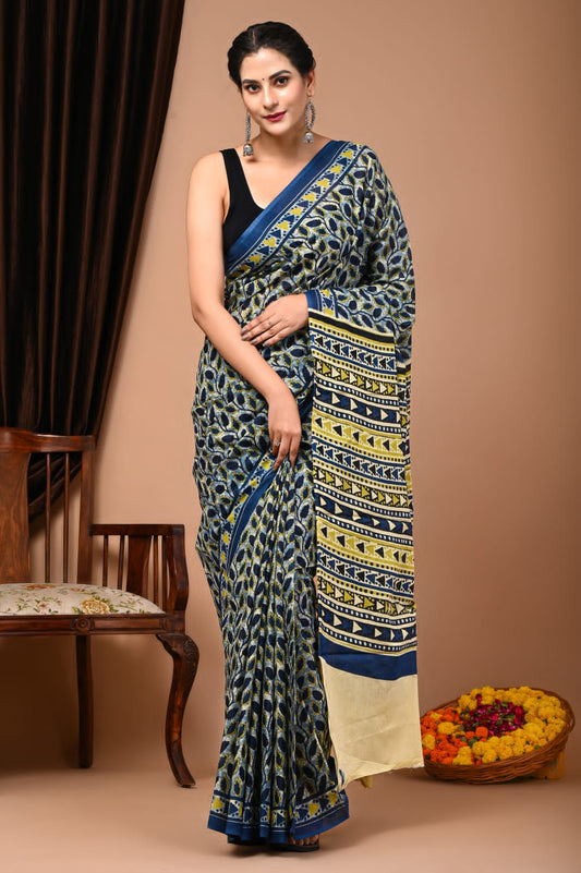 Mulmul Vanaspati Ajrakh Printed Saree