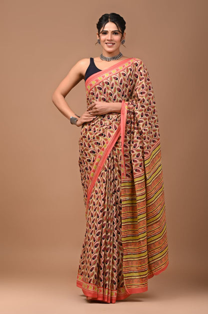 Mulmul Vanaspati Ajrakh Printed Saree