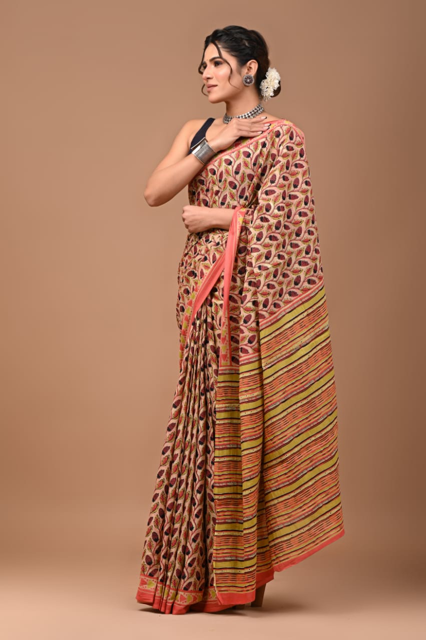 Mulmul Vanaspati Ajrakh Printed Saree