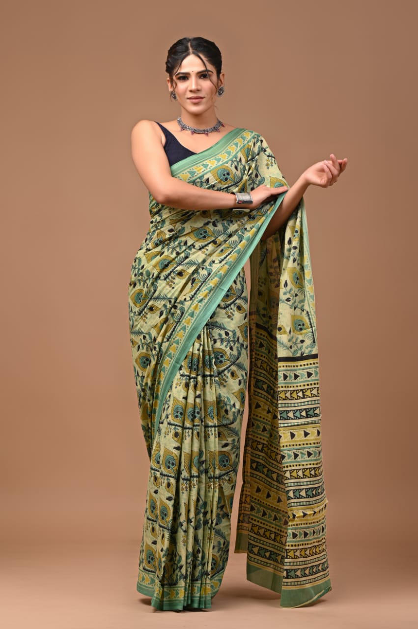 Mulmul Vanaspati Ajrakh Printed Saree