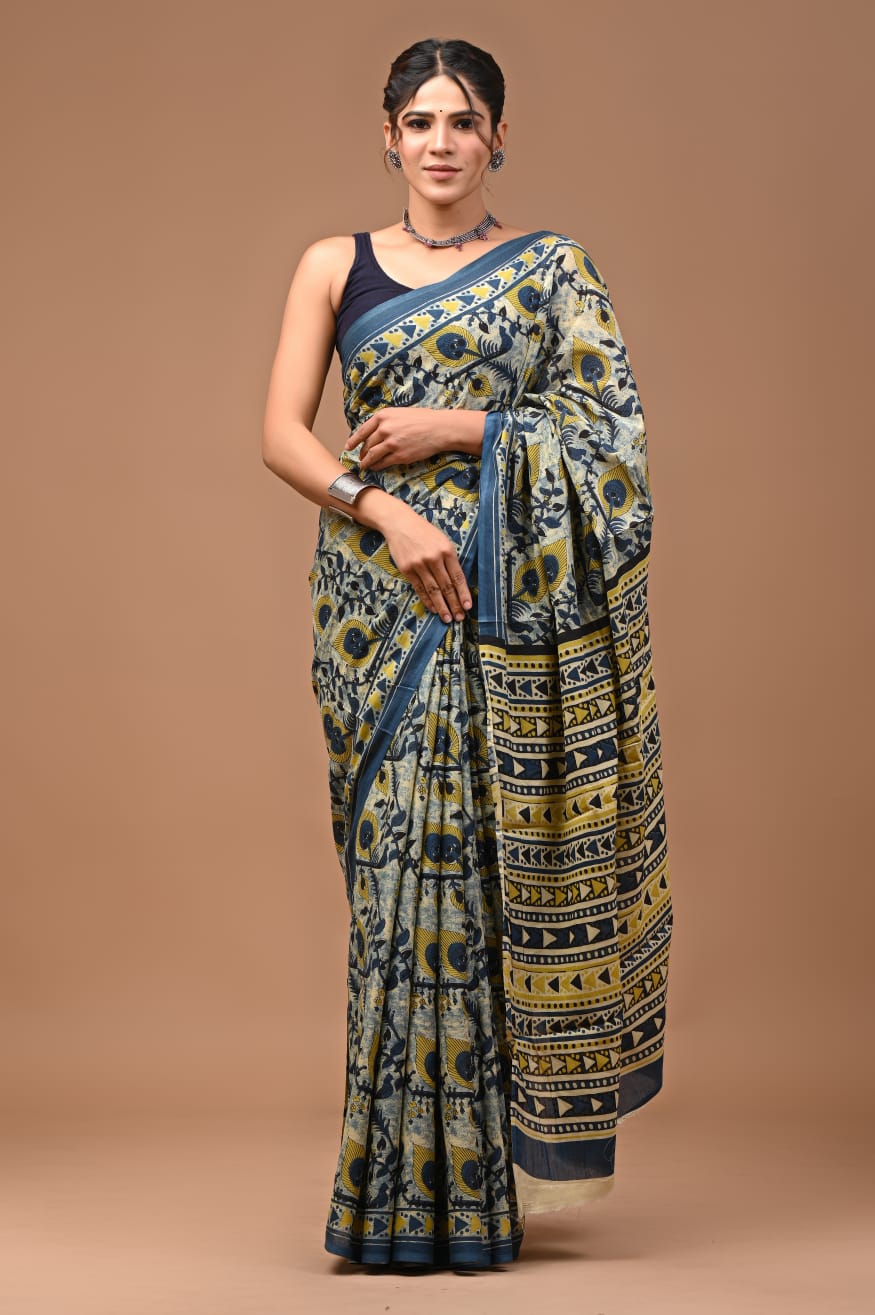 Mulmul Vanaspati Ajrakh Printed Saree