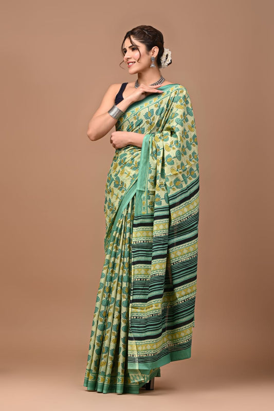 Mulmul Vanaspati Ajrakh Printed Saree