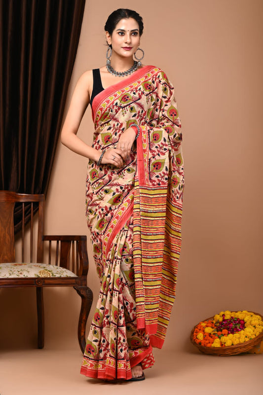 Mulmul Vanaspati Ajrakh Printed Saree