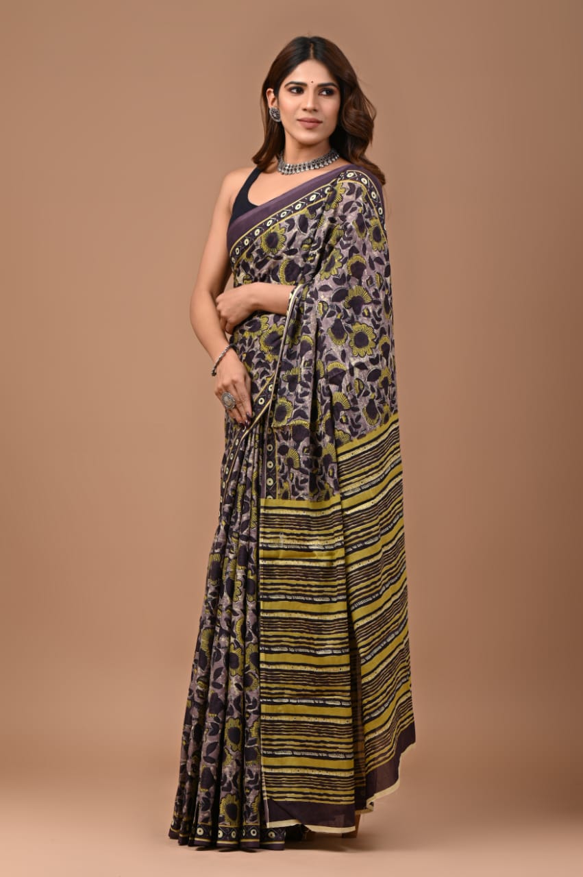 Mulmul Vanaspati Ajrakh Printed Saree