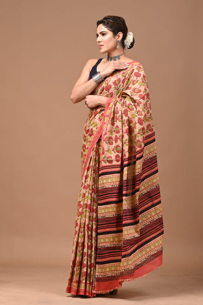 Mulmul Vanaspati Ajrakh Printed Saree