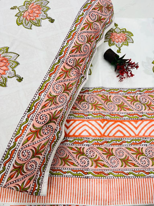 Beautiful Hand Block Printed Double Bedsheet with Two Pillow Covers