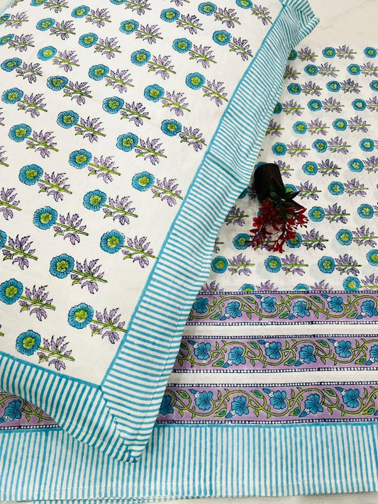 Beautiful Hand Block Printed Double Bedsheet with Two Pillow Covers