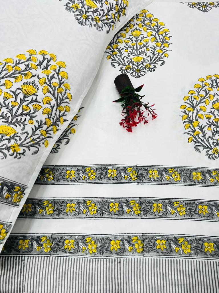 Beautiful Hand Block Printed Double Bedsheet with Two Pillow Covers