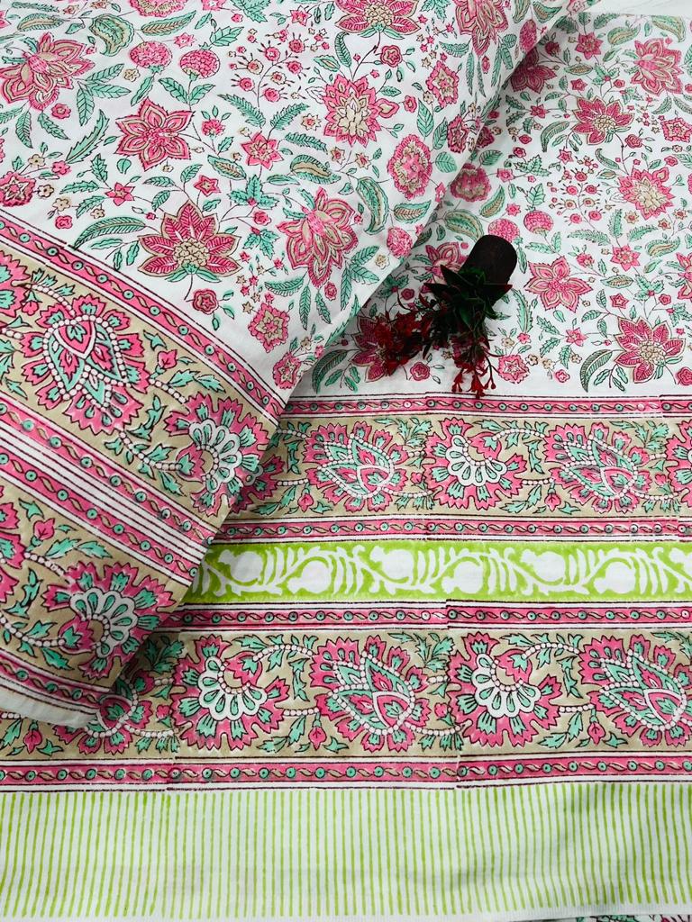 Beautiful Hand Block Printed Double Bedsheet with Two Pillow Covers