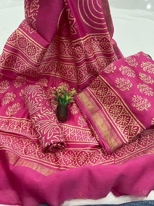 Exclusive Maheshwari Silk Suit Set With Cotton Pajama And Pure Maheshwari Silk Dupatta