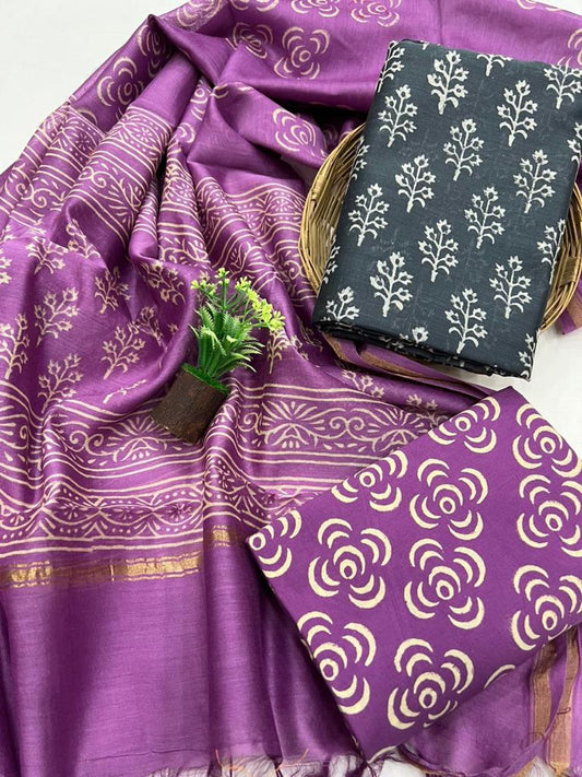 Exclusive Chanderi Silk Suit Set With Cotton Pajama and Pure Chanderi Silk Dupatta