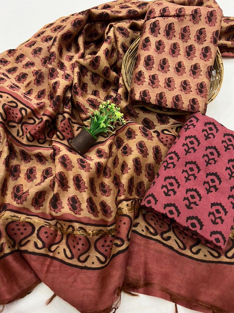 Exclusive Chanderi Silk Suit Set With Cotton Pajama and Pure Chanderi Silk Dupatta