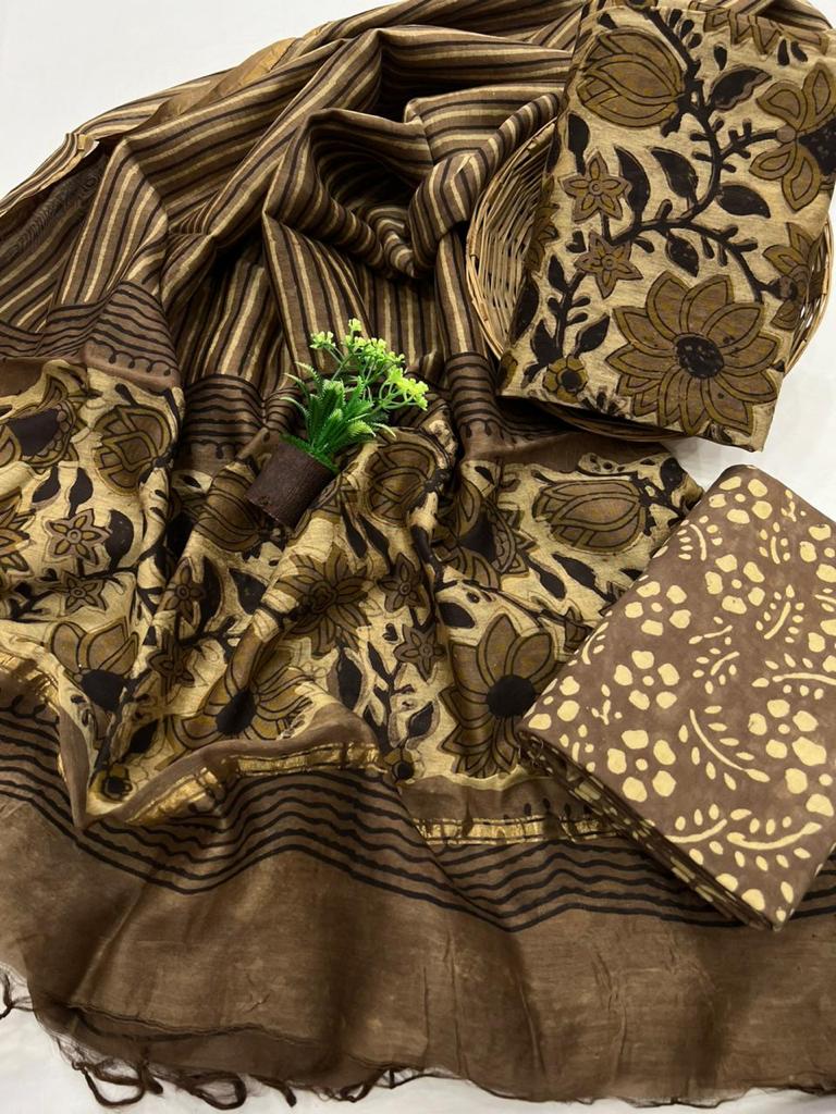 Exclusive Chanderi Silk Suit Set With Cotton Pajama and Pure Chanderi Silk Dupatta