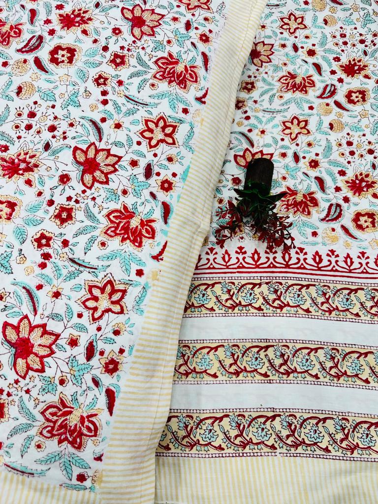 Beautiful Hand Block Printed Double Bedsheet with Two Pillow Covers