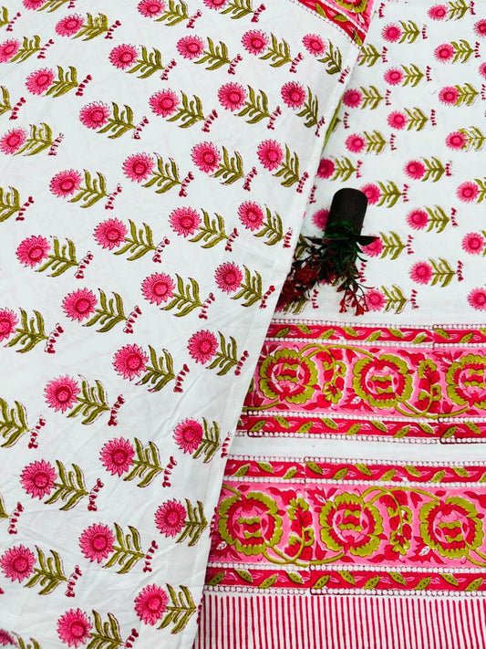 Beautiful Hand Block Printed Double Bedsheet with Two Pillow Covers