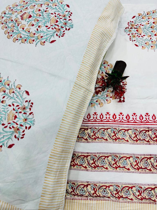 Beautiful Hand Block Printed Double Bedsheet with Two Pillow Covers