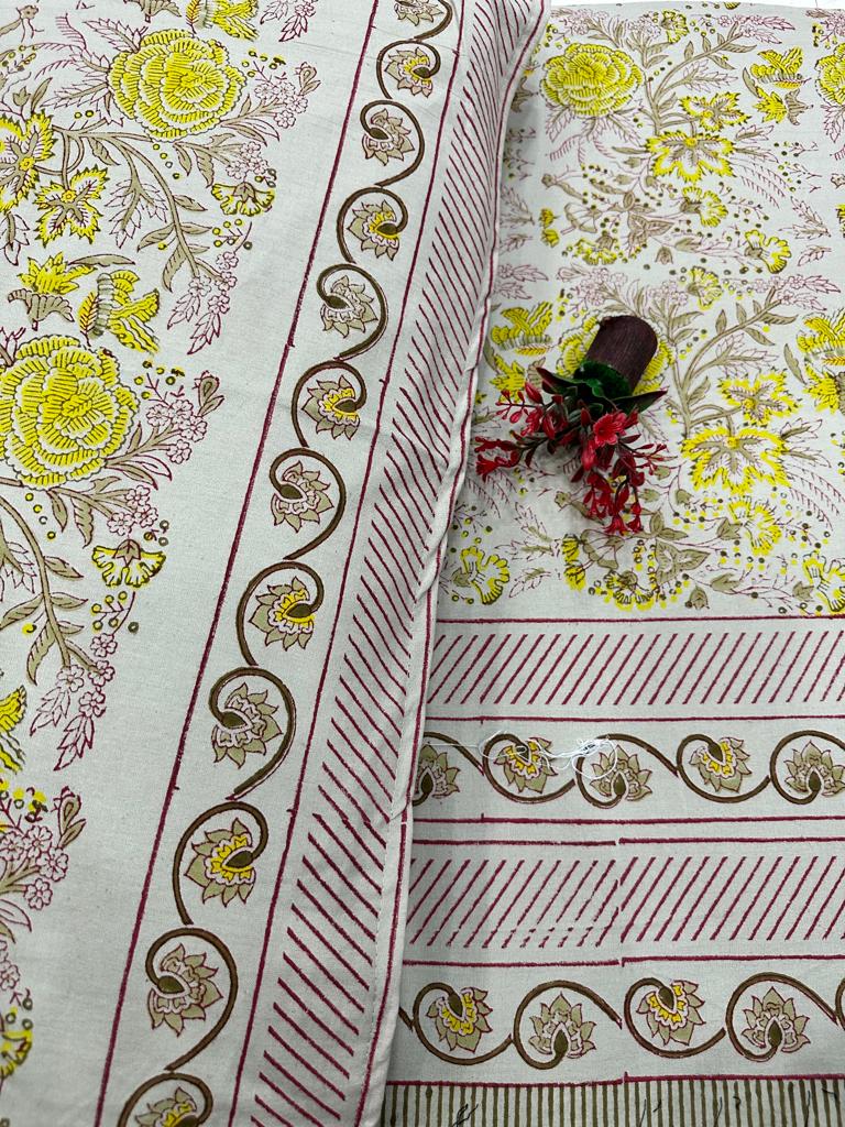 Beautiful Hand Block Printed Double Bedsheet with Two Pillow Covers